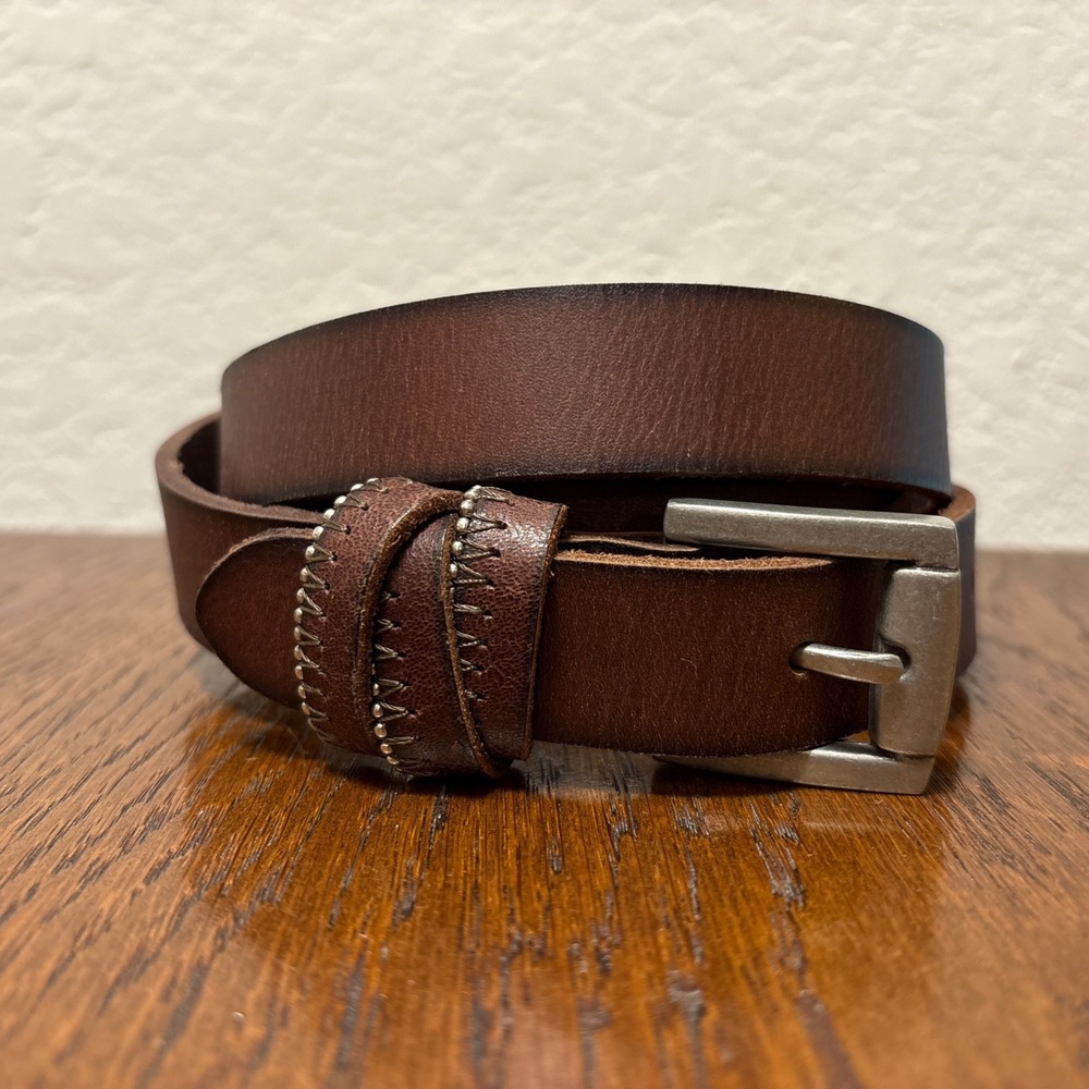 Beaded Brown 100% Leather Belt With Silver Nickel Buckle Women's XL EUC
